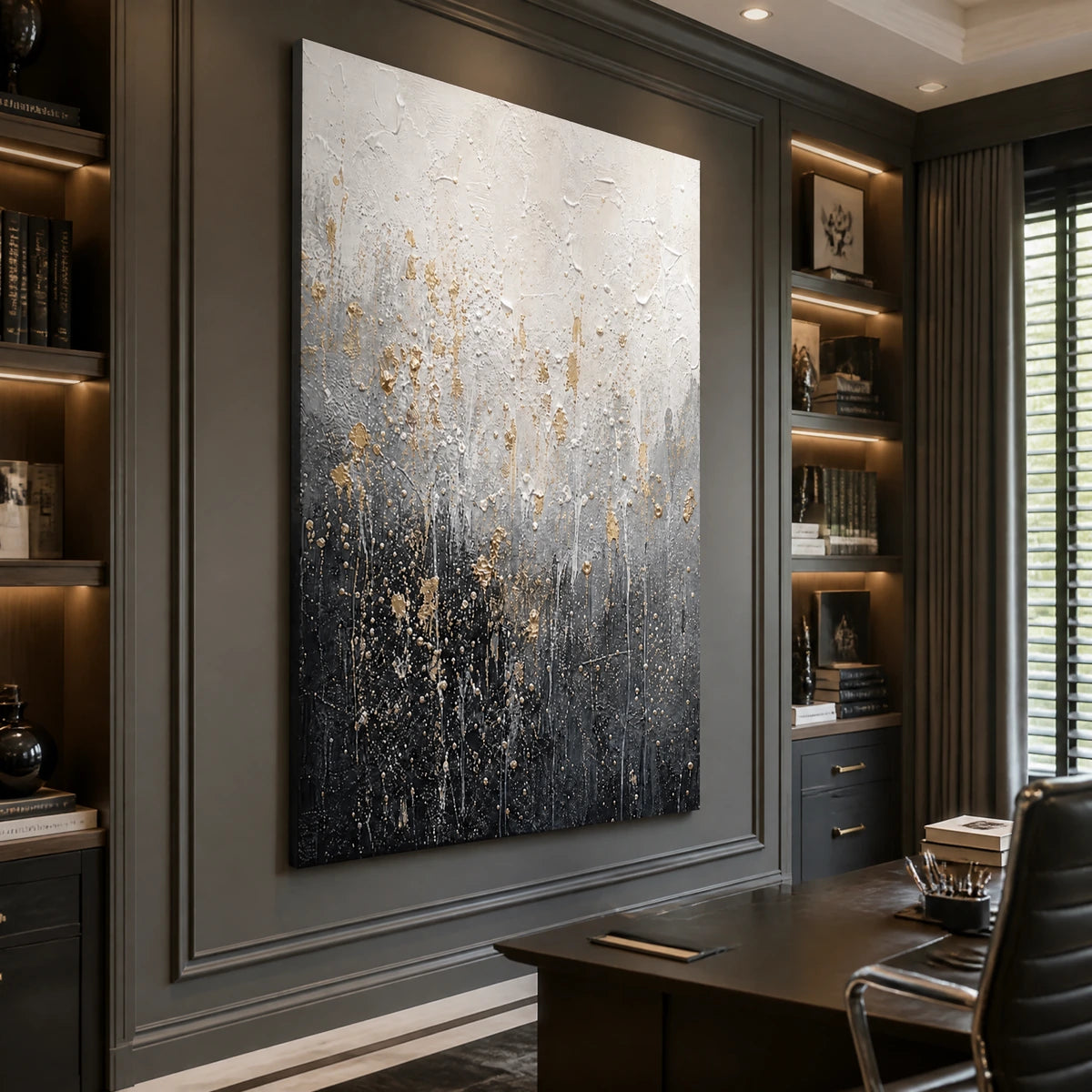 Golden Dust Descent in a refined office, frameless