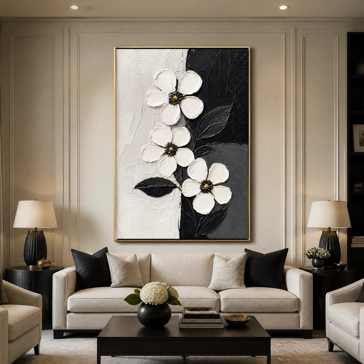 Noir Blossoms in a refined living room with gold frame