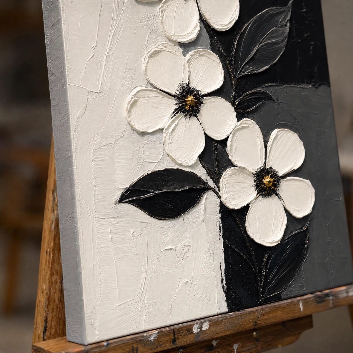 Close-up detail of Noir Blossoms showing hand-painted texture and part of the frame