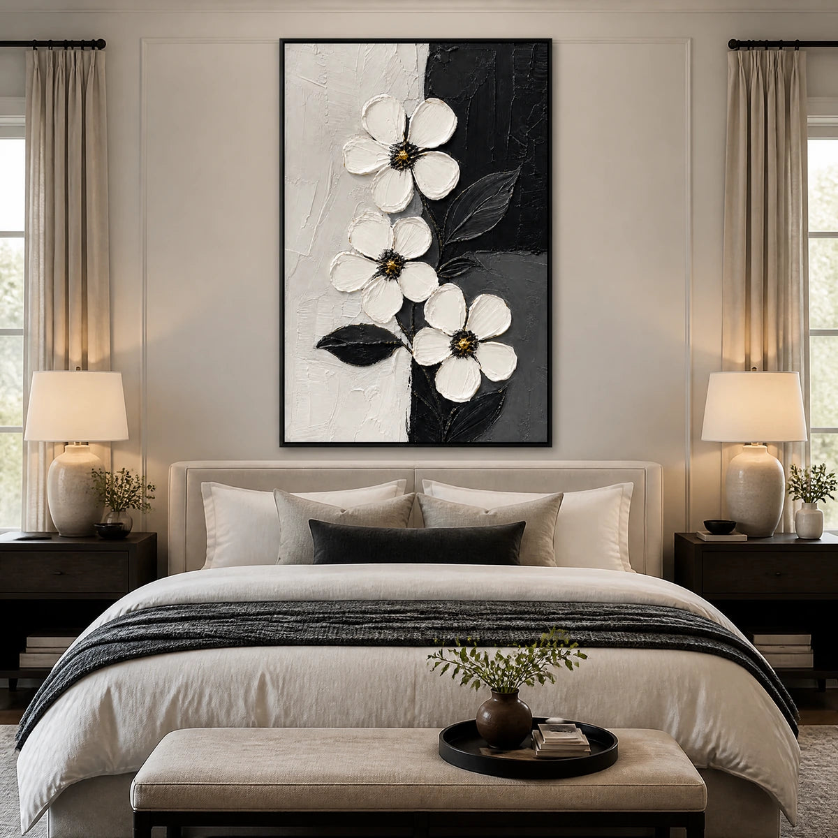 Noir Blossoms in a refined bedroom with black frame