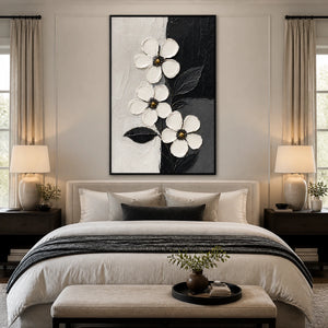 Noir Blossoms in a refined bedroom with black frame