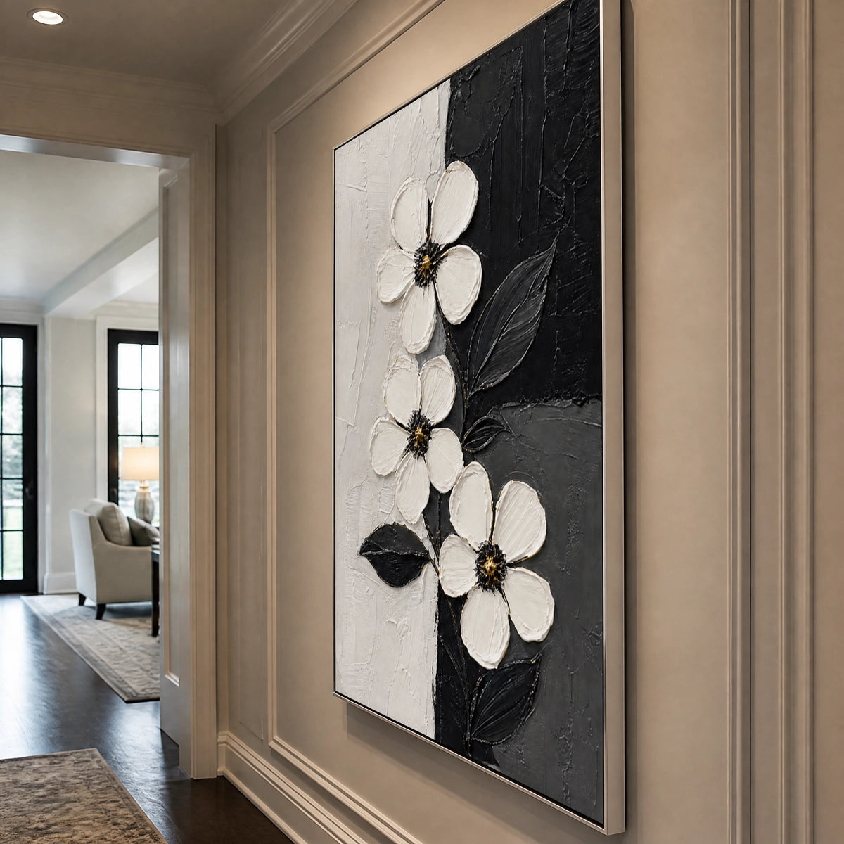 Noir Blossoms in a refined entry hall with silver frame