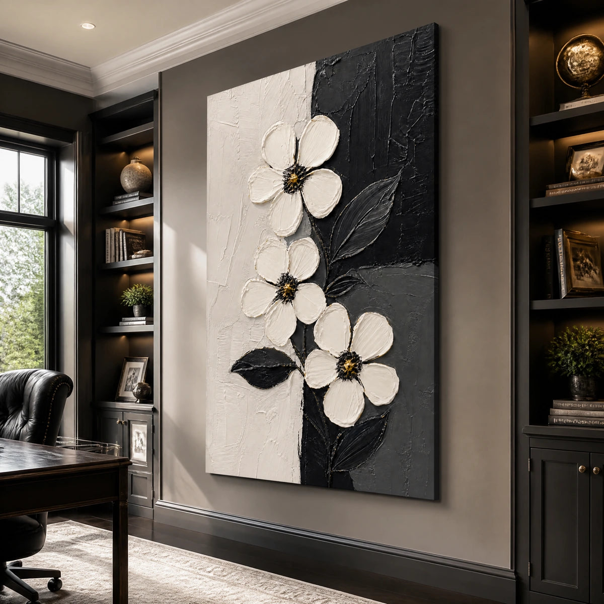 Noir Blossoms in a refined office, frameless