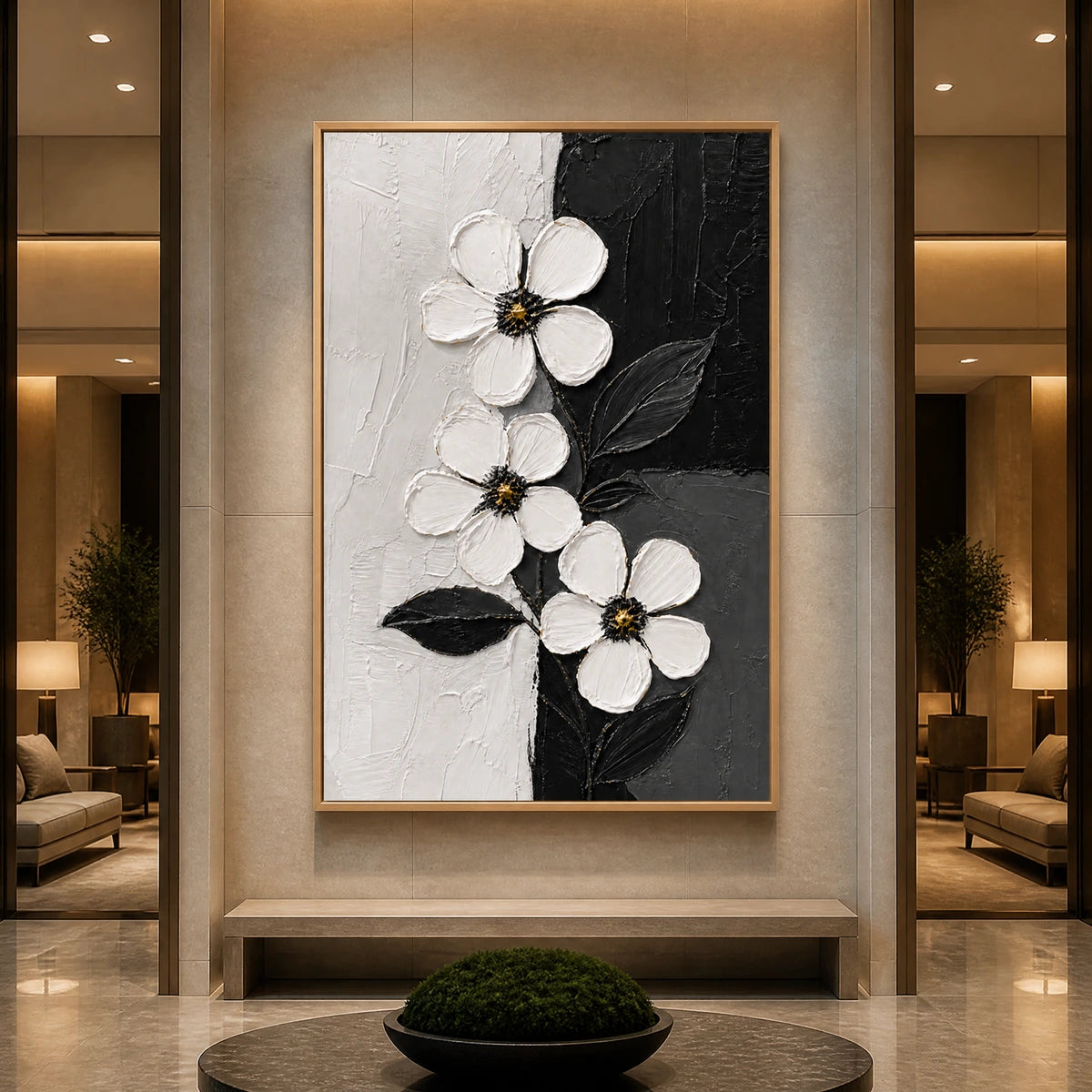 Noir Blossoms in a refined hotel interior with wood frame