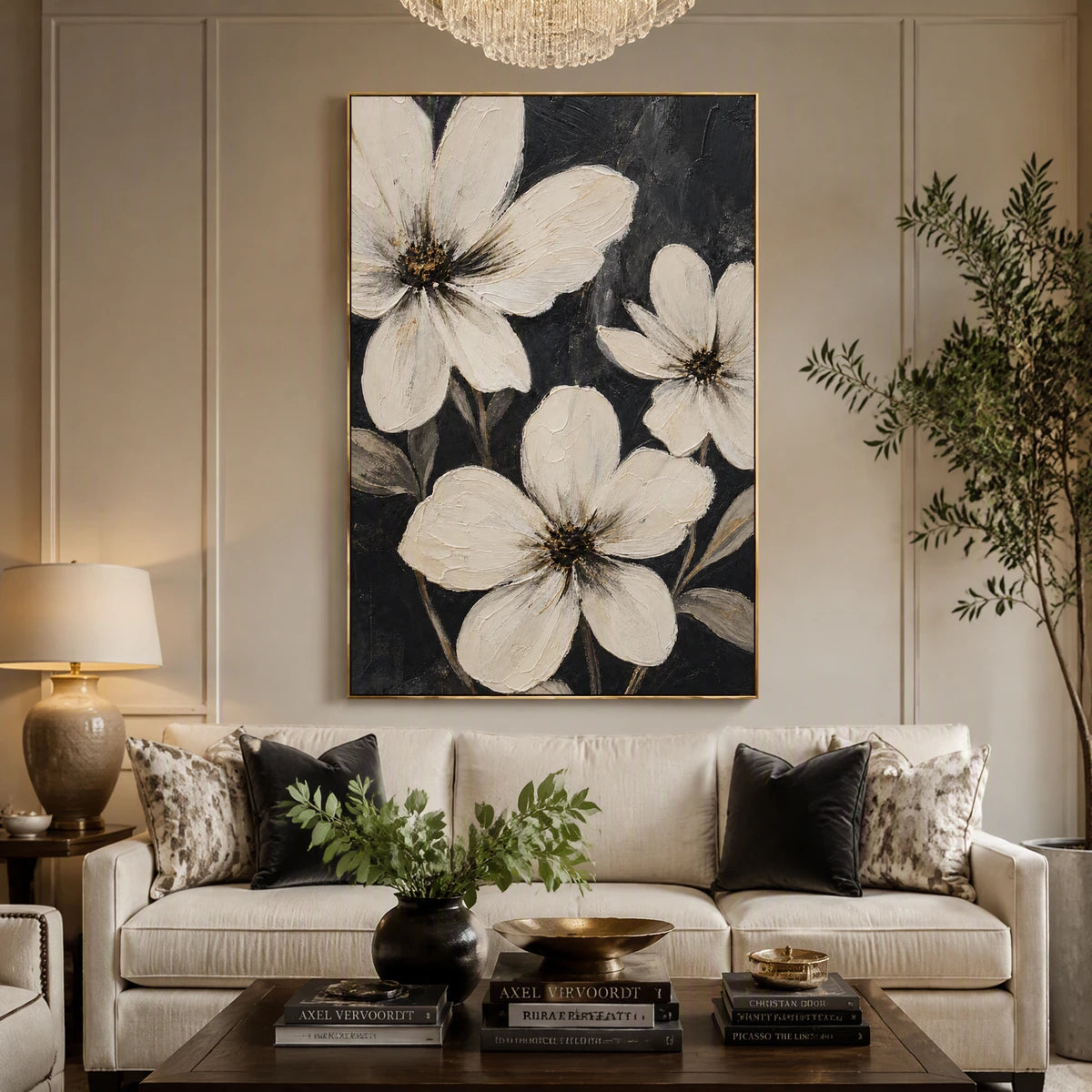 Night Magnolias in a refined living room with gold frame