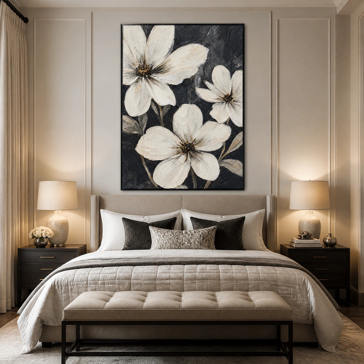 Night Magnolias in a refined bedroom with black frame