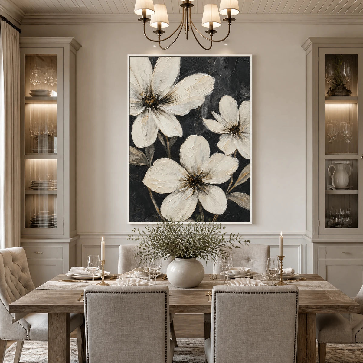 Night Magnolias in a refined dining room with white frame