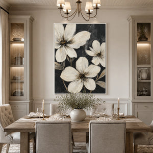 Night Magnolias in a refined dining room with white frame