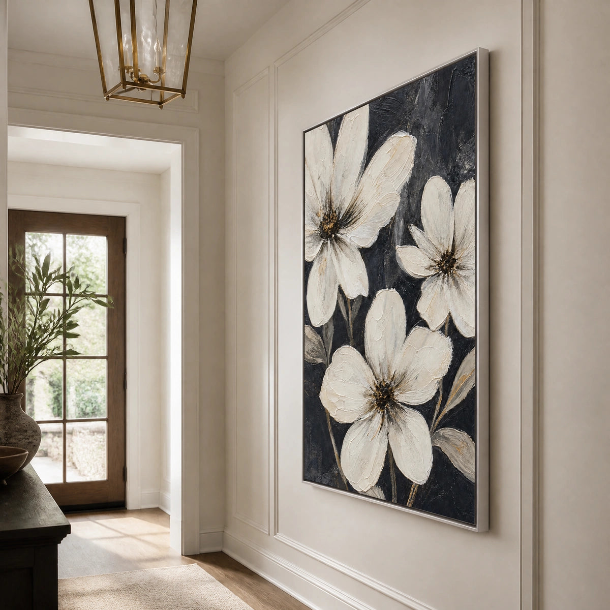 Night Magnolias in a refined entry hall with silver frame
