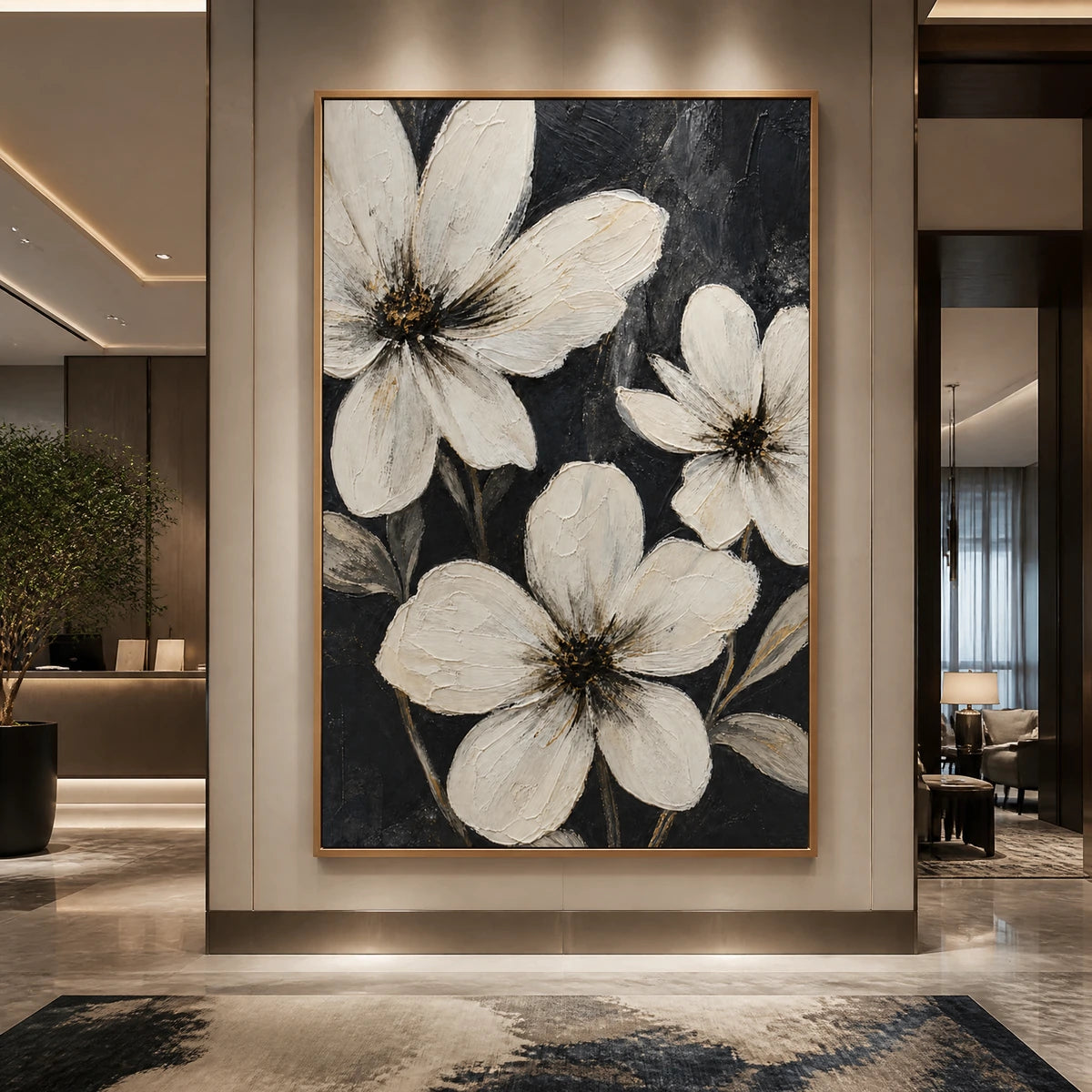 Night Magnolias in a refined hotel interior with wood frame