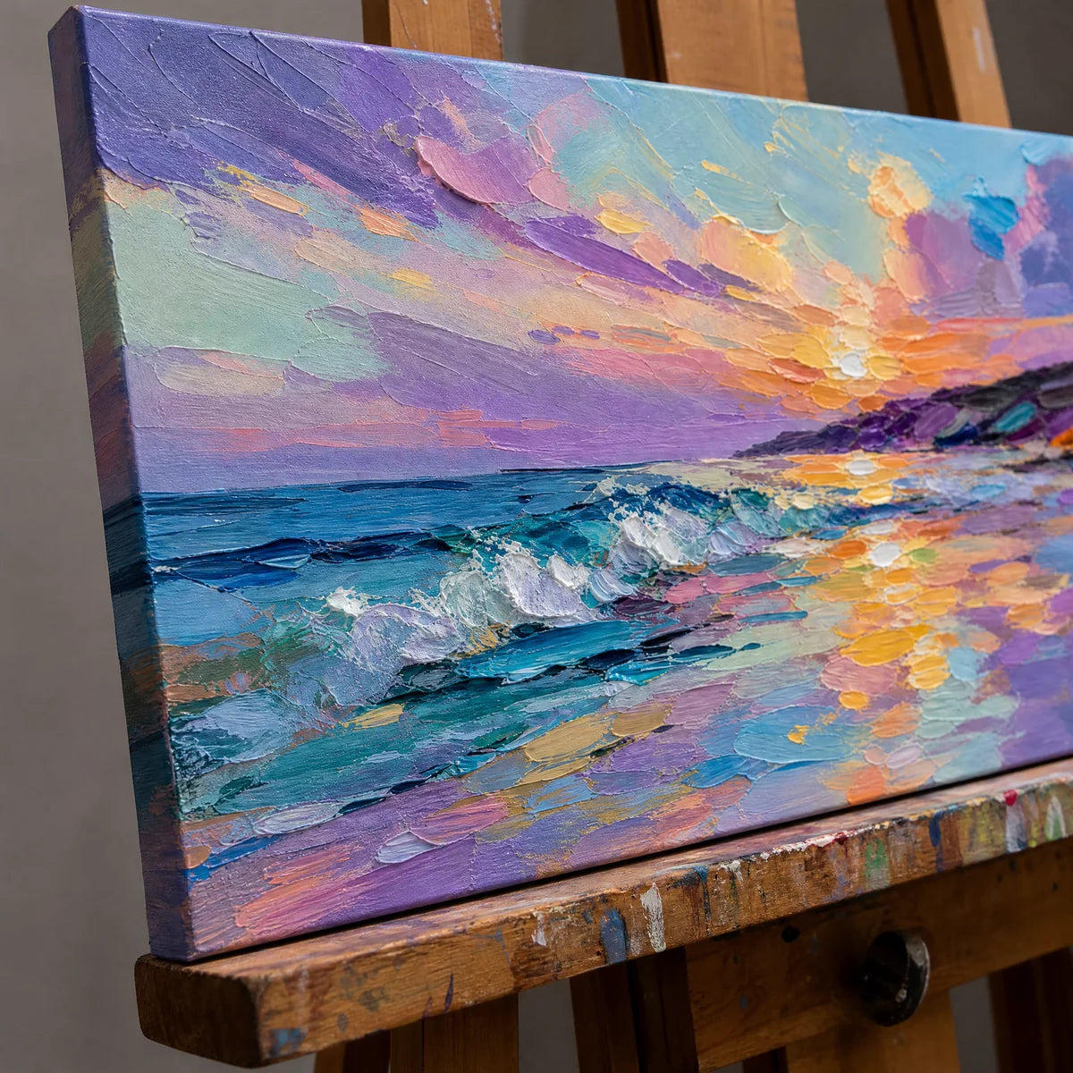 Close-up detail of Prismatic Tide showing hand-painted texture and part of the frame