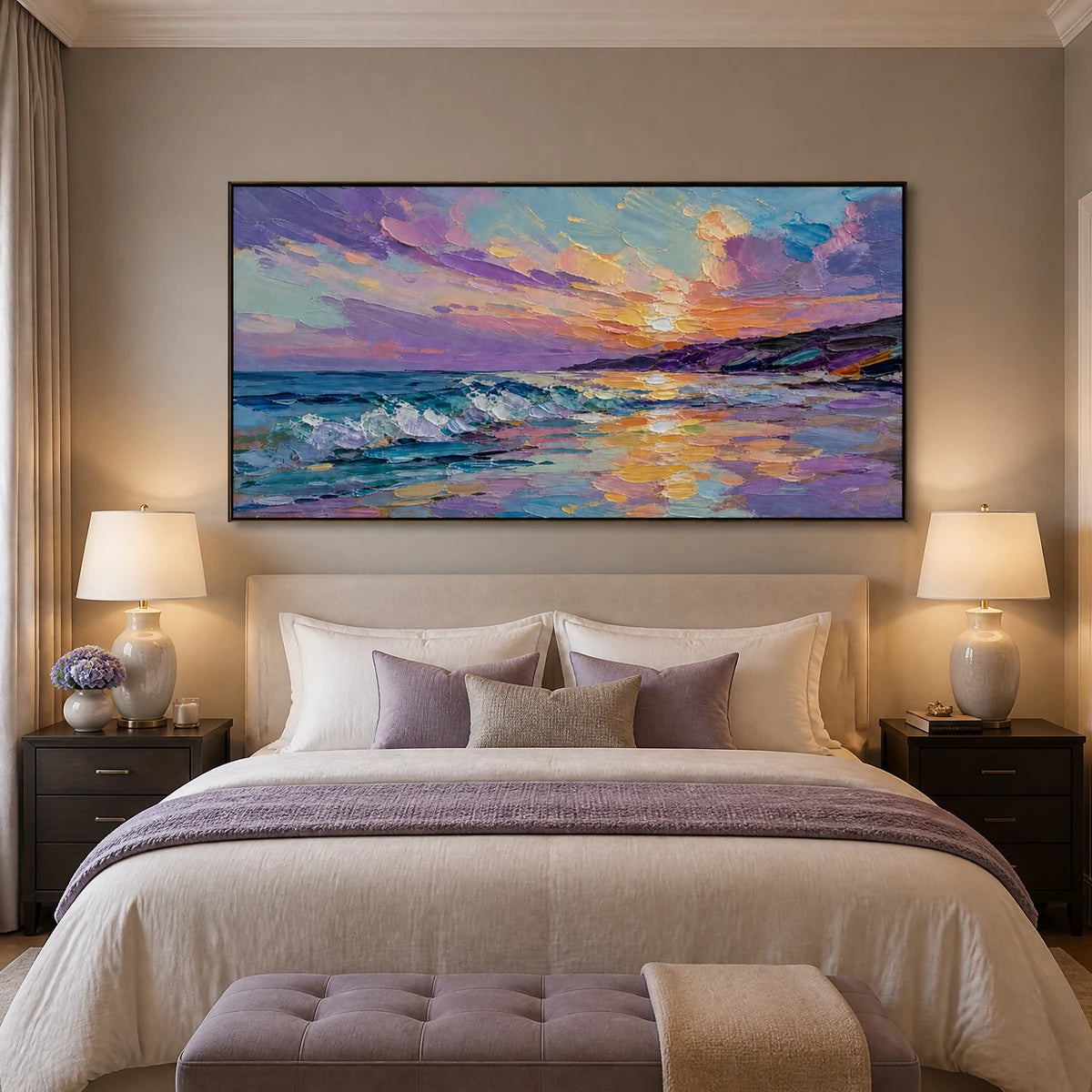 Prismatic Tide in a refined bedroom with black frame