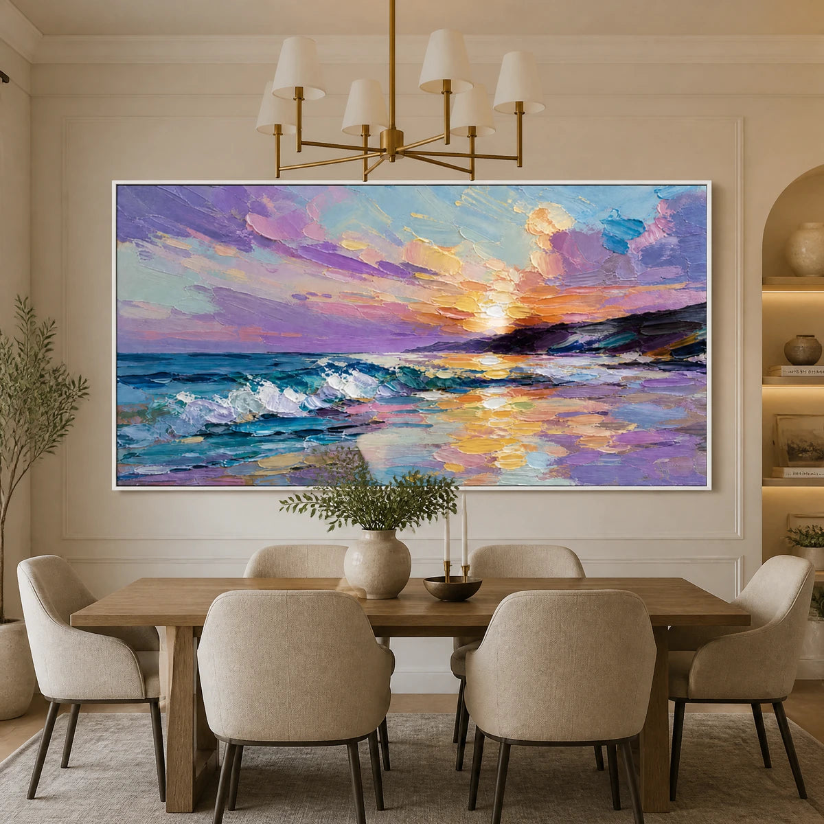 Prismatic Tide in a refined dining room with white frame