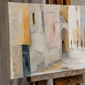 Close-up detail of Quiet City Passage showing hand-painted texture and part of the frame