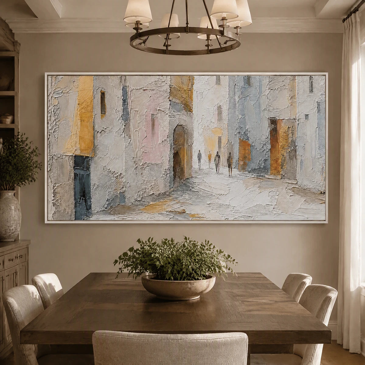 Quiet City Passage in a refined dining room with white frame
