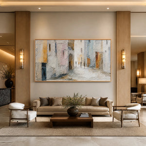 Quiet City Passage in a refined hotel interior with wood frame