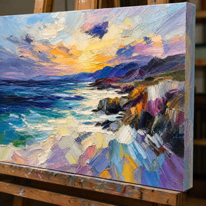 Close-up detail of Violet Coastal Light showing hand-painted texture and part of the frame