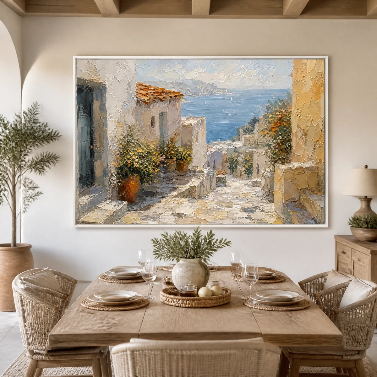 Aegean Alley in a refined dining room with white frame