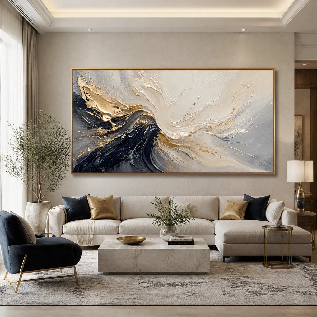 Monochrome Surge in a refined living room with gold frame