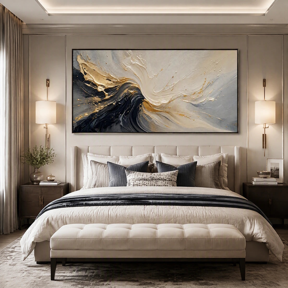 Monochrome Surge in a refined bedroom with black frame