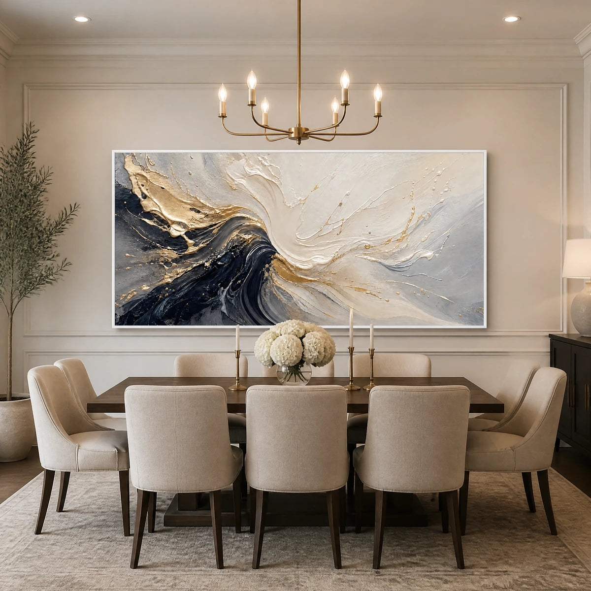 Monochrome Surge in a refined dining room with white frame