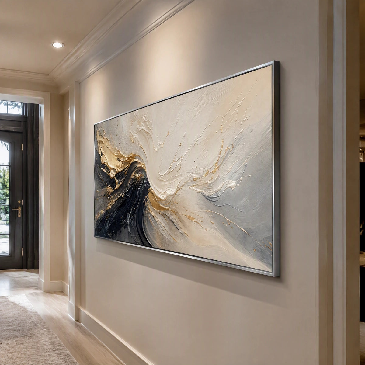 Monochrome Surge in a refined entry hall with silver frame