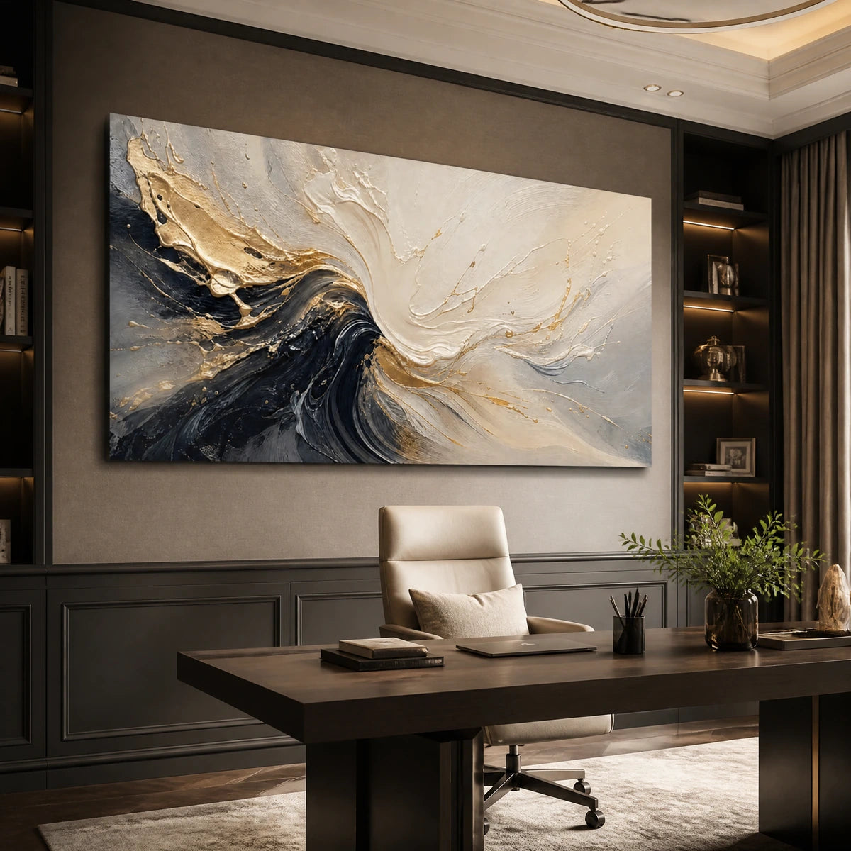 Monochrome Surge in a refined office, frameless