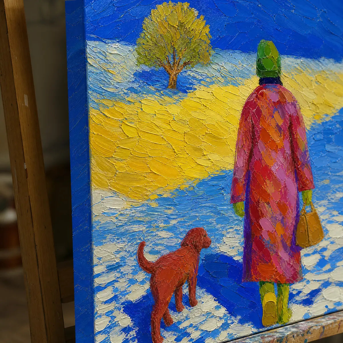 Close-up detail of Winter Companions showing hand-painted texture and part of the frame