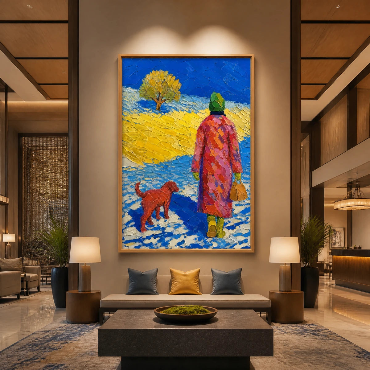 Winter Companions in a refined hotel interior with wood frame