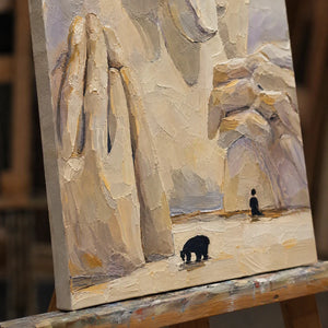 Close-up detail of Canyon Pilgrim showing hand-painted texture and part of the frame