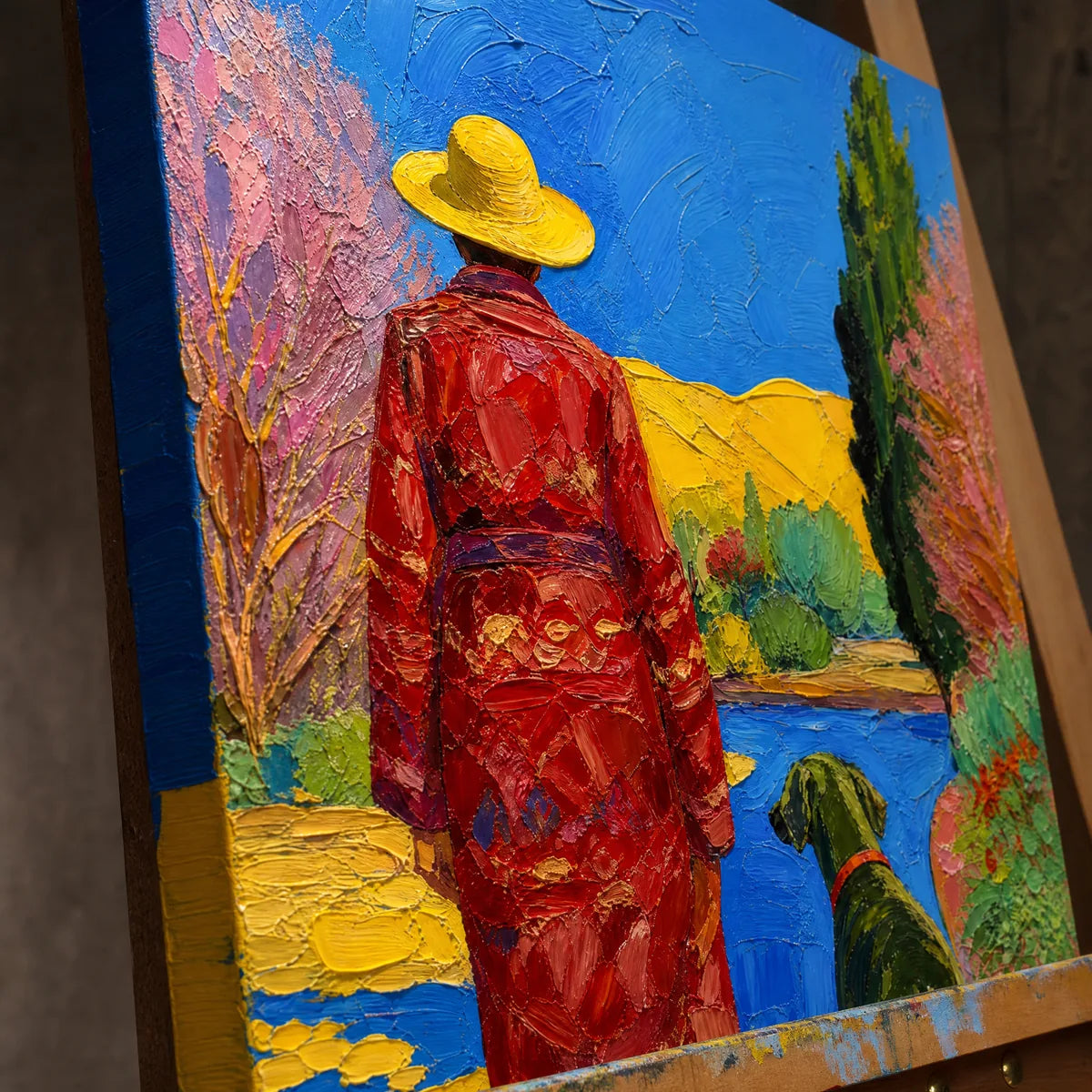 Close-up detail of Scarlet Promenade showing hand-painted texture and part of the frame
