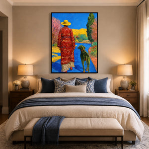 Scarlet Promenade in a refined bedroom with black frame