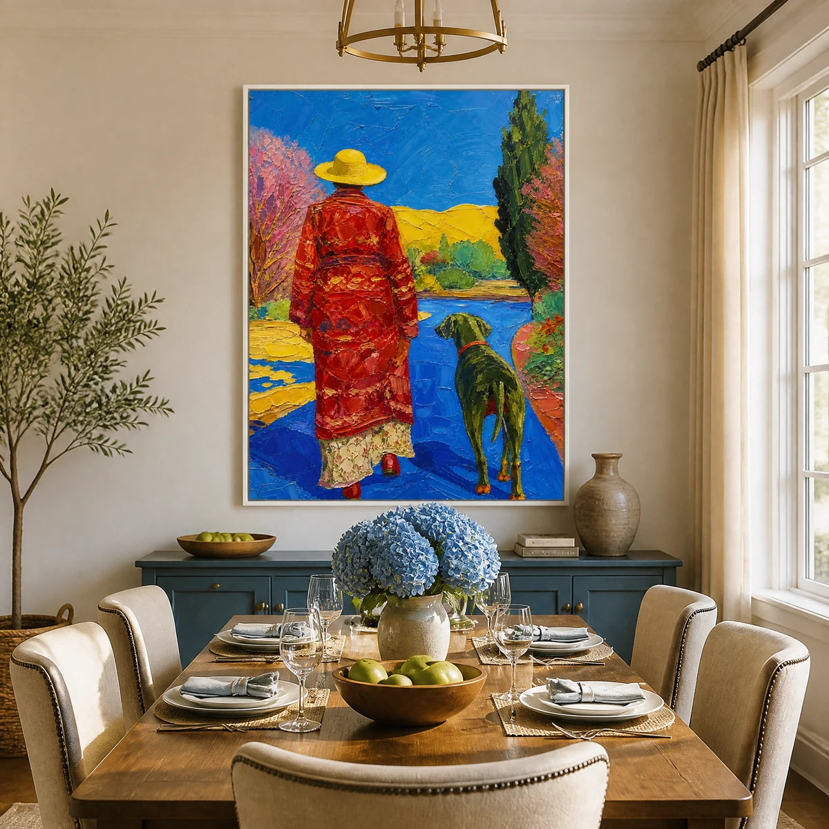 Scarlet Promenade in a refined dining room with white frame