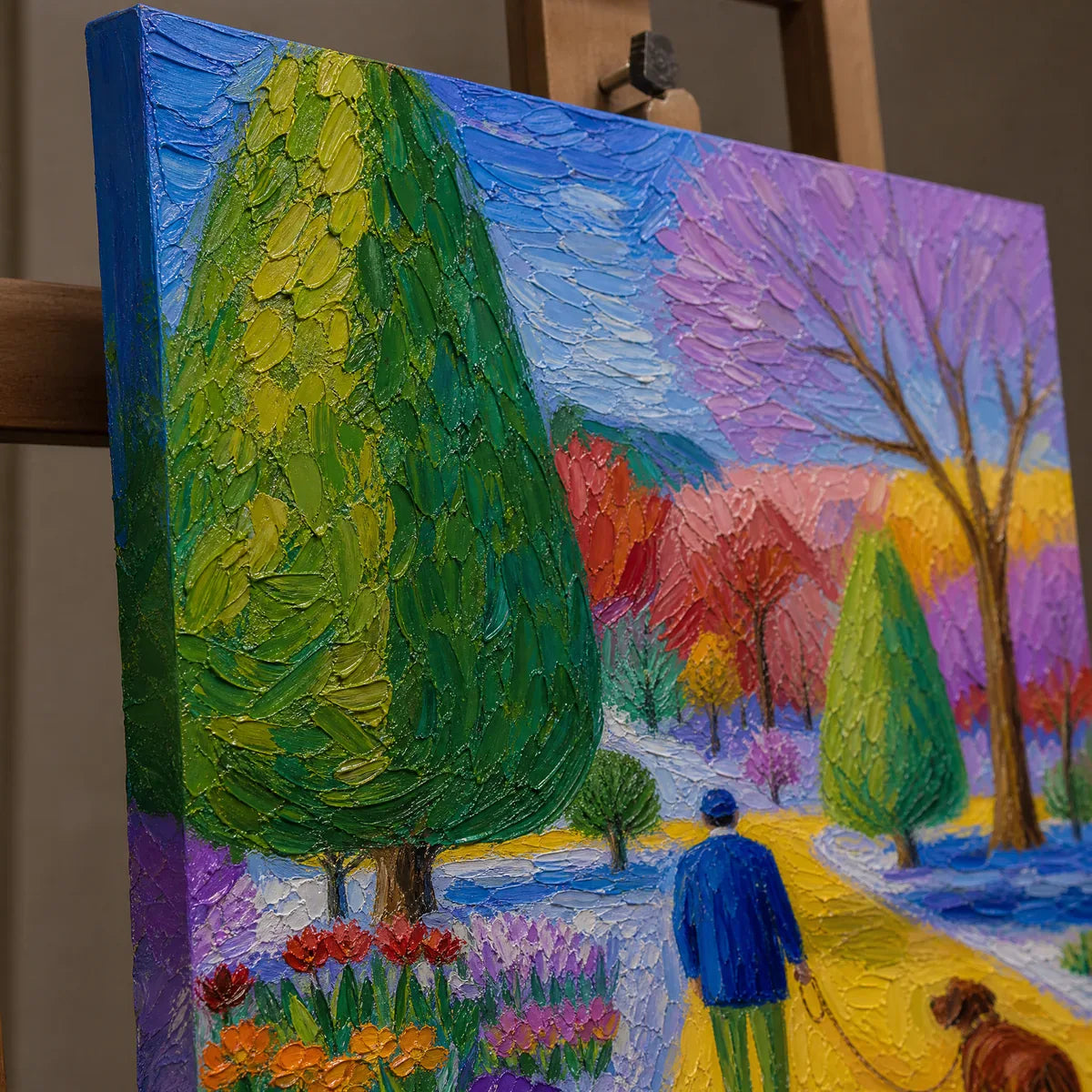 Close-up detail of Violet Garden Walk showing hand-painted texture and part of the frame