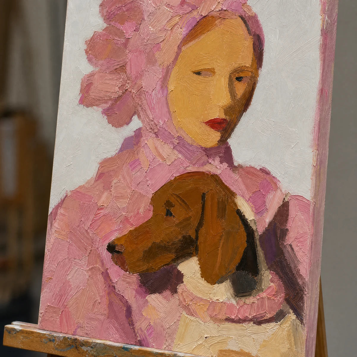 Close-up detail of Rosebound Companion showing hand-painted texture and part of the frame