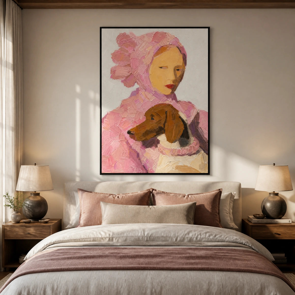 Rosebound Companion in a refined bedroom with black frame