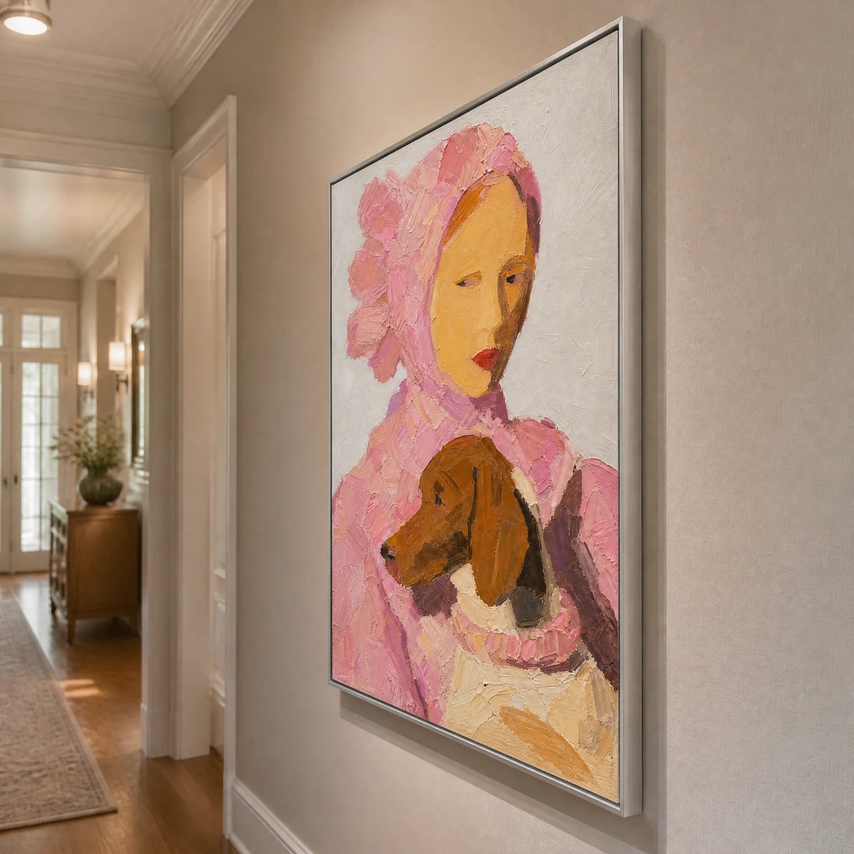 Rosebound Companion in a refined entry hall with silver frame