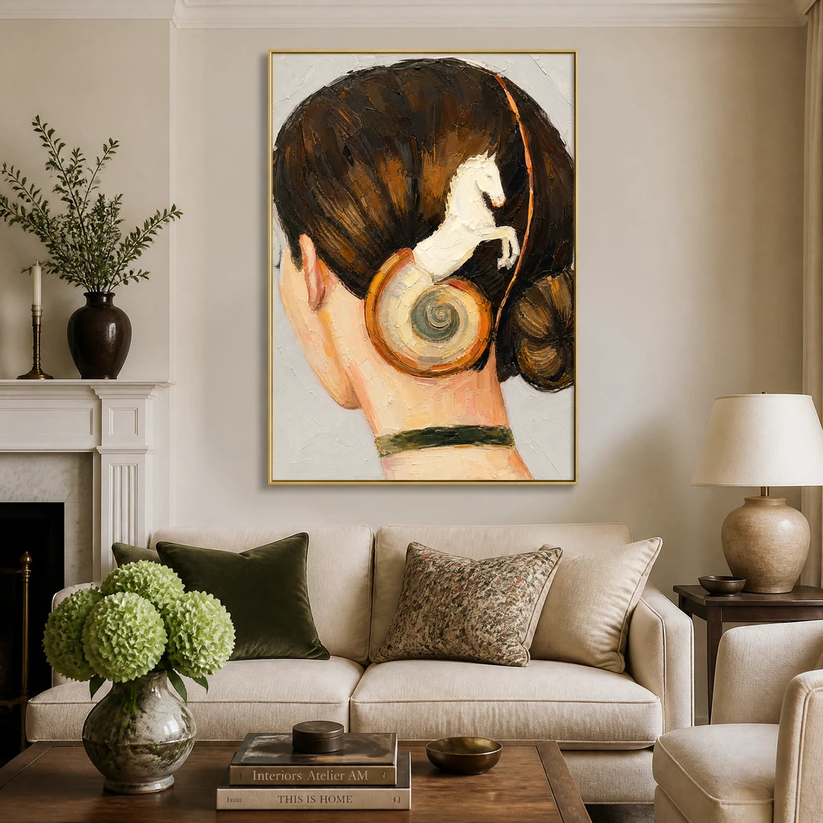 Equestrian Whisper in a refined living room with gold frame