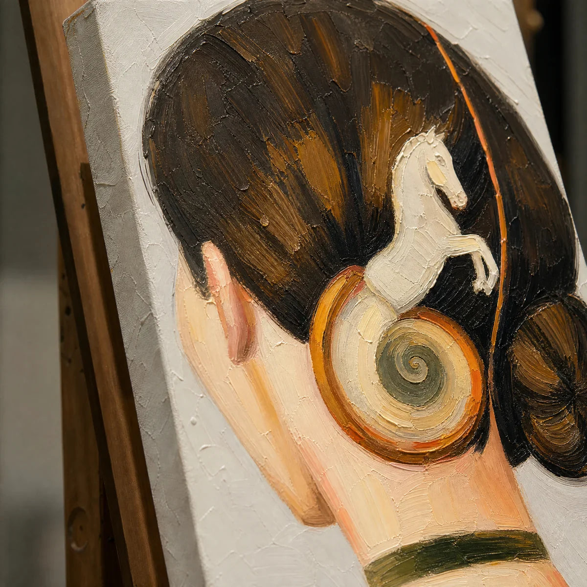 Close-up detail of Equestrian Whisper showing hand-painted texture and part of the frame
