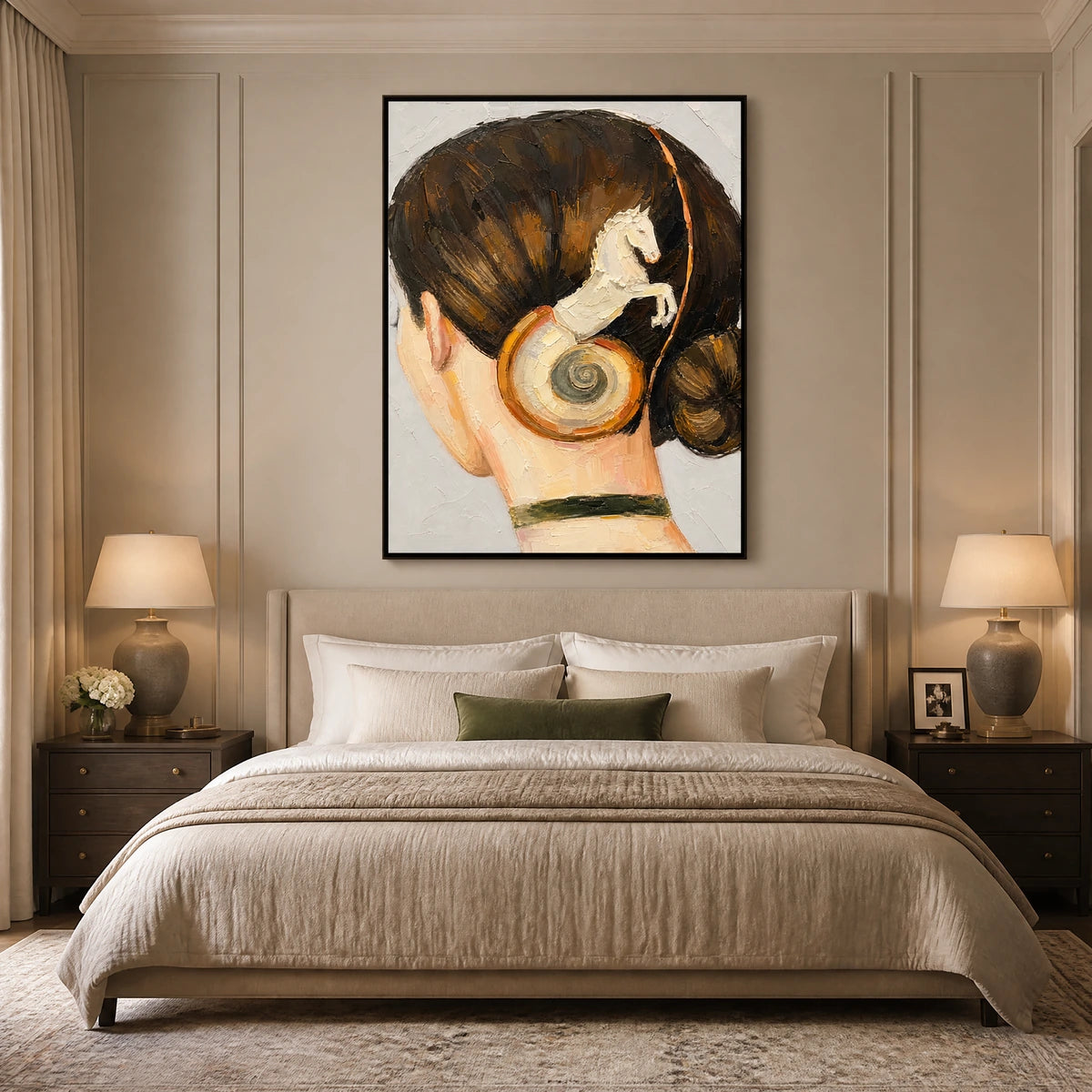 Equestrian Whisper in a refined bedroom with black frame