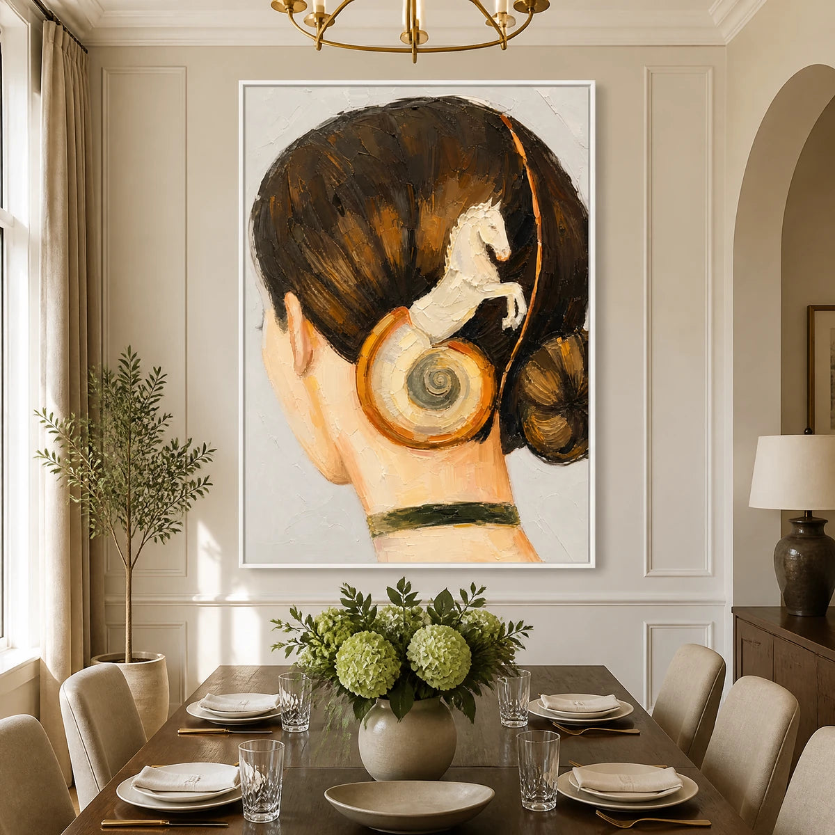 Equestrian Whisper in a refined dining room with white frame