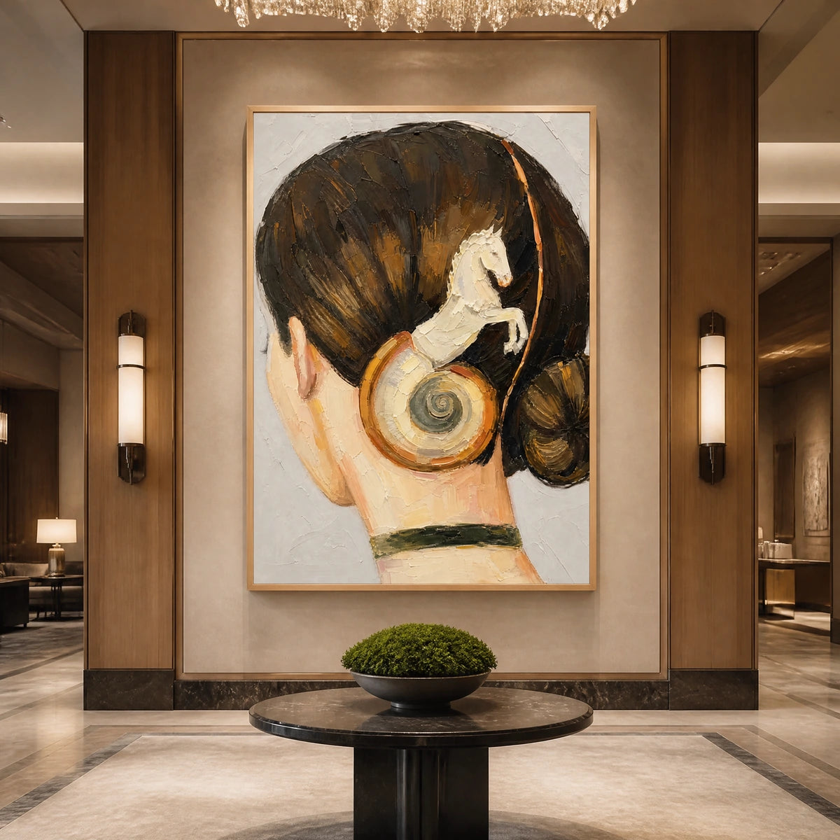 Equestrian Whisper in a refined hotel interior with wood frame