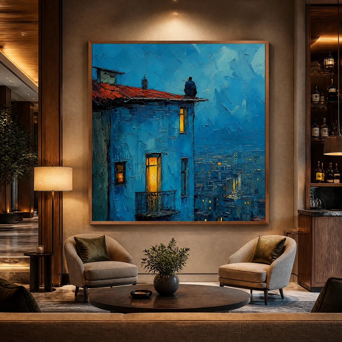 Blue Hour Rooftop in a refined hotel interior with wood frame