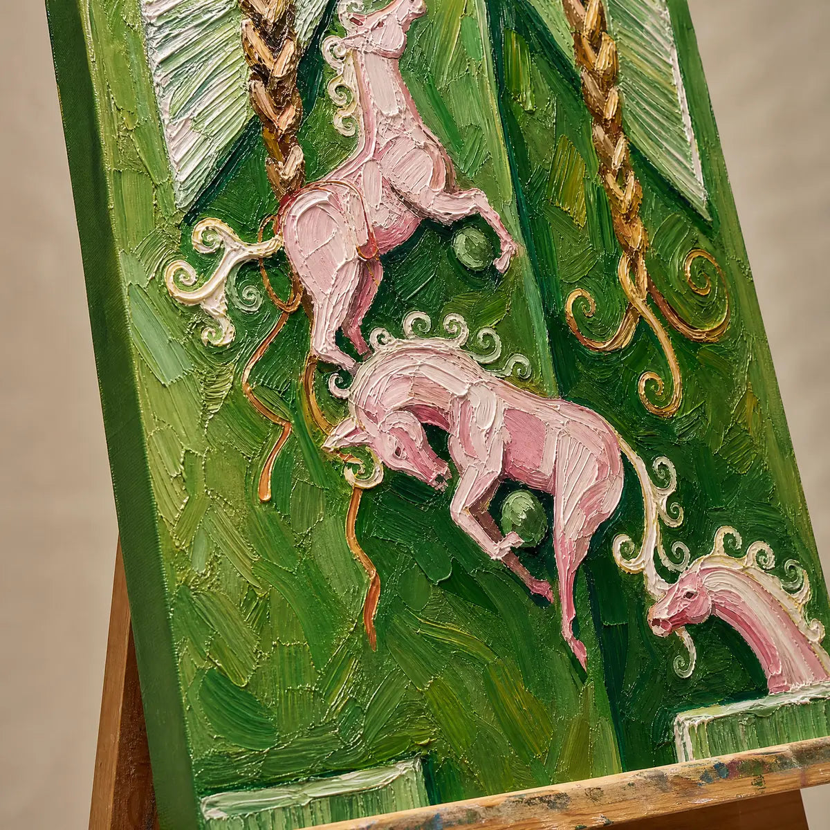 Close-up detail of Carousel Dreams showing hand-painted texture and part of the frame