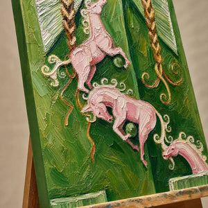 Close-up detail of Carousel Dreams showing hand-painted texture and part of the frame