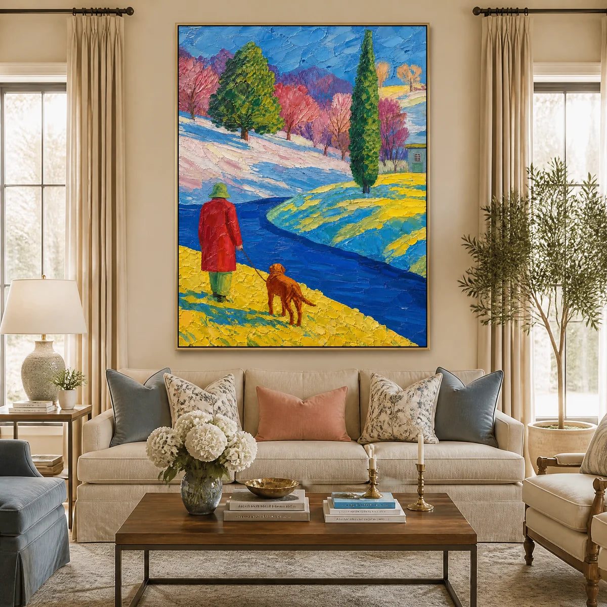 Crimson Path in a refined living room with gold frame
