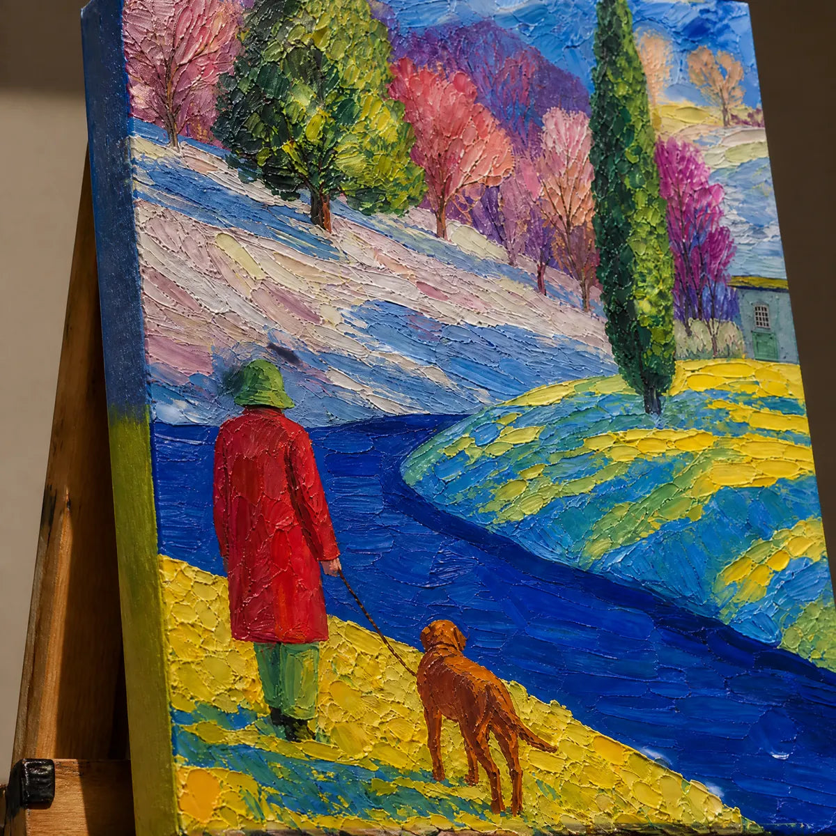 Close-up detail of Crimson Path showing hand-painted texture and part of the frame