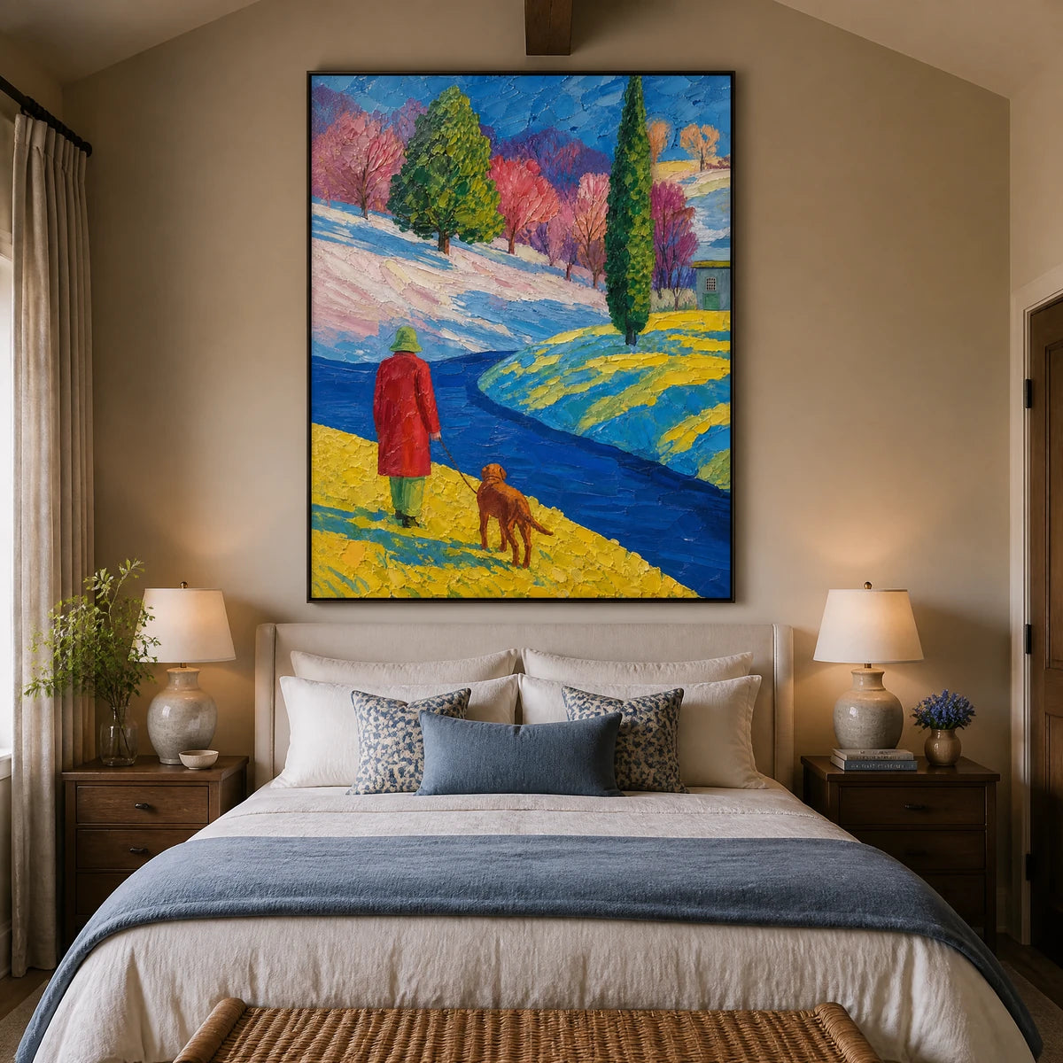 Crimson Path in a refined bedroom with black frame