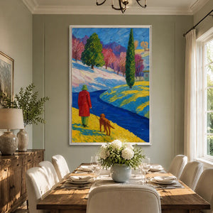 Crimson Path in a refined dining room with white frame