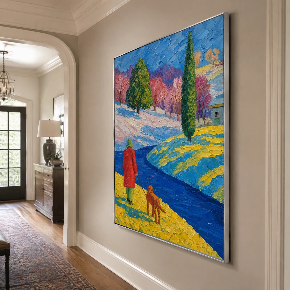 Crimson Path in a refined entry hall with silver frame